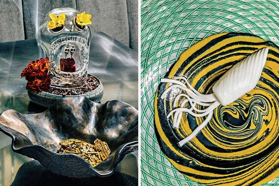 Left: The Mexico-themed course, featuring a gold-plated cookie (foreground). Right: Squid in a curry from the Thailand course.