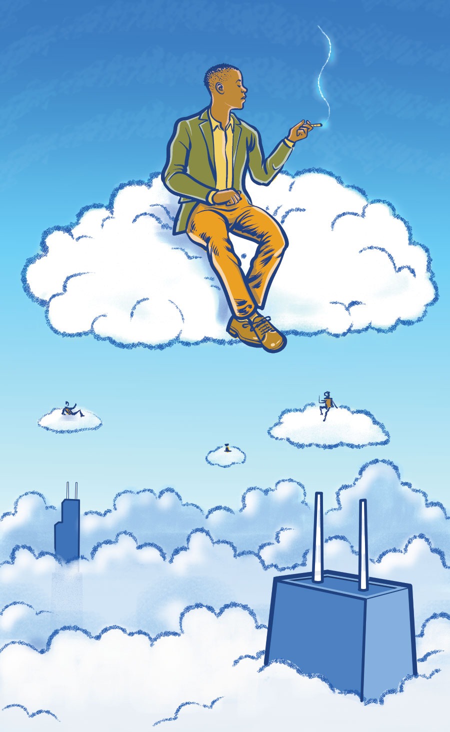 An illustration of people sitting on clouds and smoking a joint