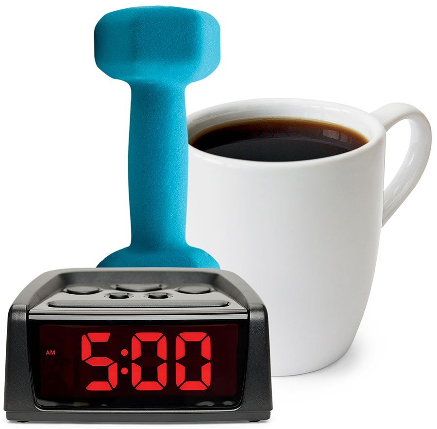 An alarm clock, a dumbbell, and a cup of coffee