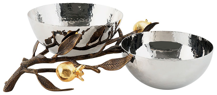 Michael Aram pomegranate-inspired stainless steel and brass double dish with gold-plated accents