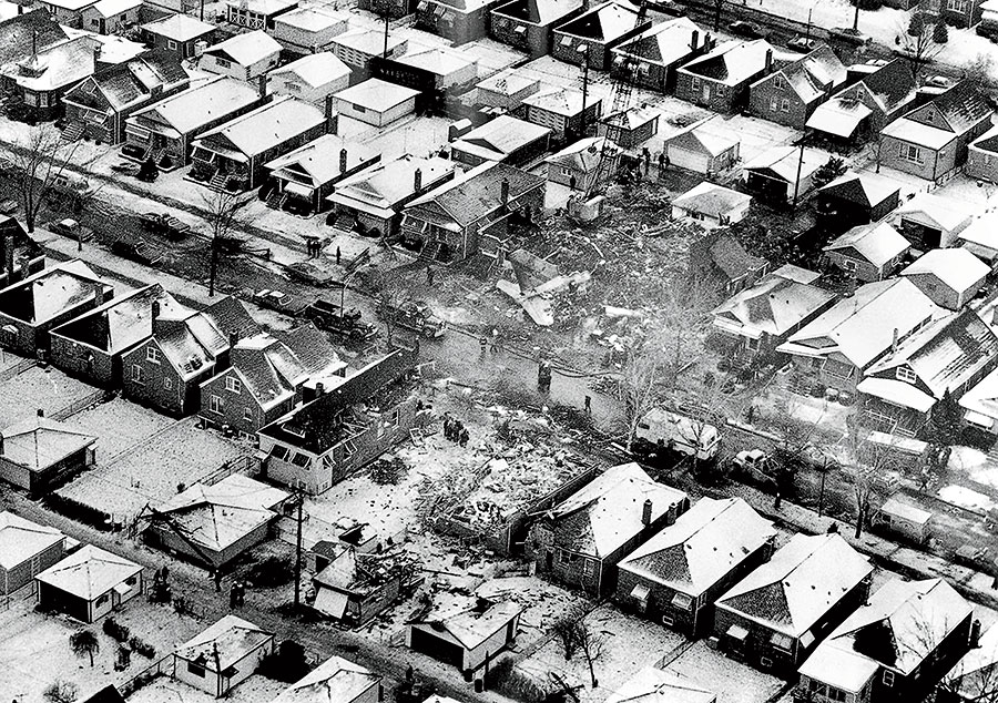 An aerial photo of West 70th Place after the crash