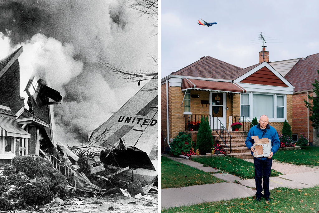 Evan Cotter Jr. holds a piece of the plane whose wing smashed through his family’s brick bungalow.