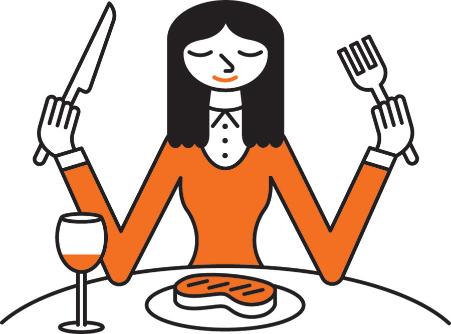 Illustration of a woman sitting at a table, holding a knife and fork