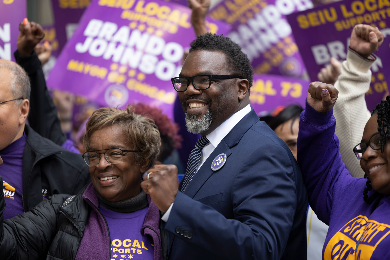 Chicago mayoral candidate Brandon Johnson greets members of SEIU Local 73 as they announce their endorsement Nov. 9, 2022, outside City Hall in Chicago.