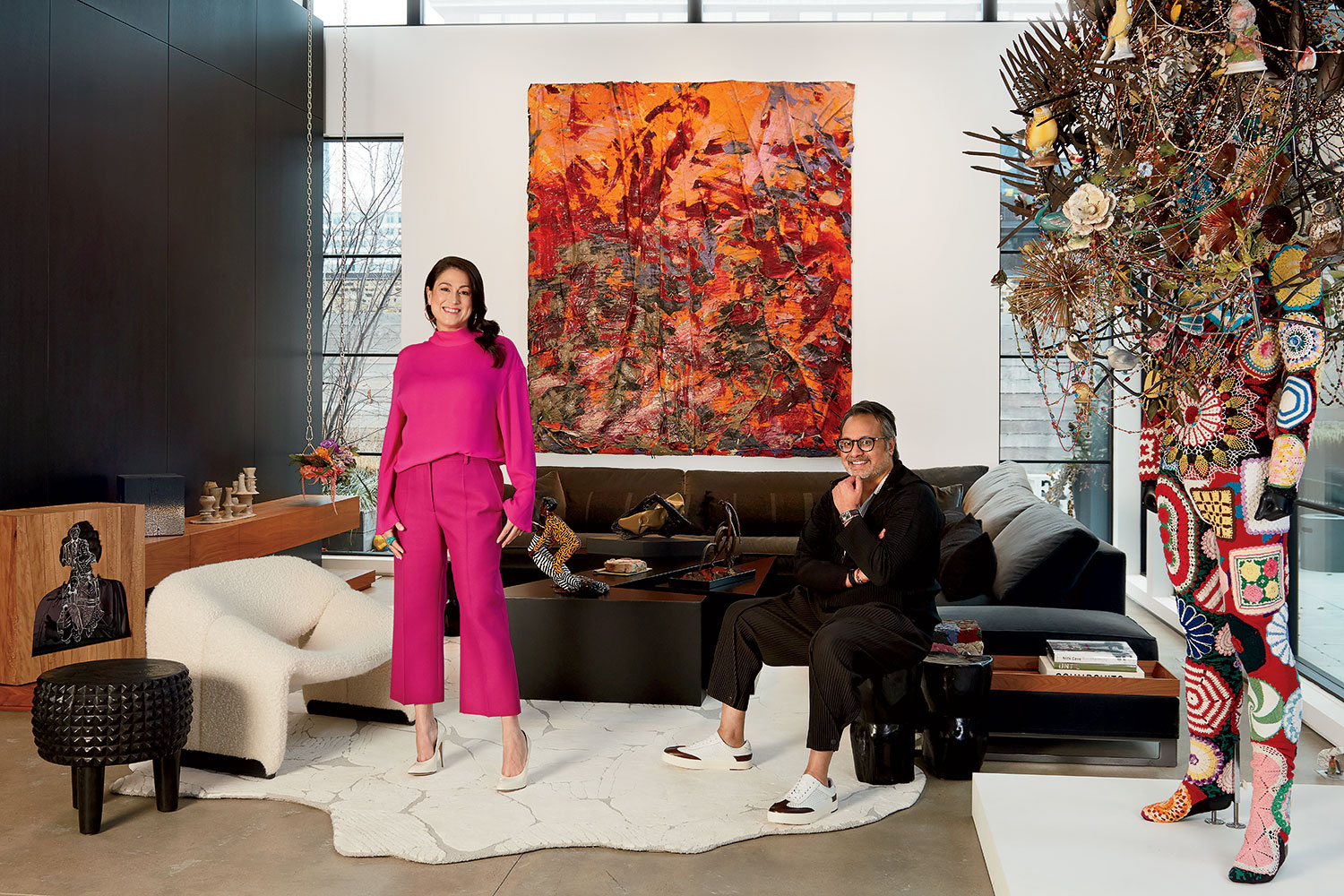 Jessica Moss and Kavi Gupta at their West Loop home with Angel Otero’s ‘Everything and Nothing’ and a commissioned Soundsuit by Nick Cave.