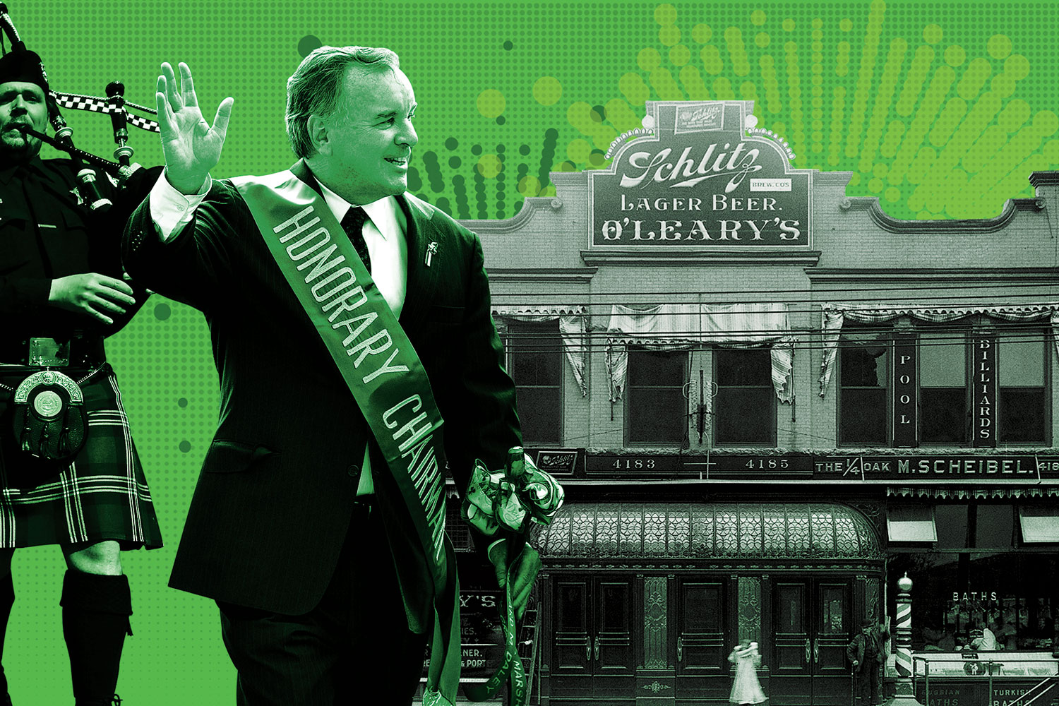 Mayor Richard M. Daley at the 2006 South Side Irish Parade; O’Leary’s Saloon in Canaryville, the city’s Irish hub, in 1906