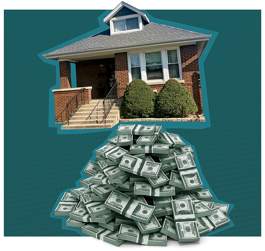 A photo illustration of a home with a large pile of money