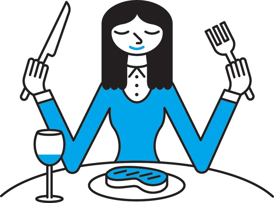 Illustration of a woman a a table holding a knife and fork