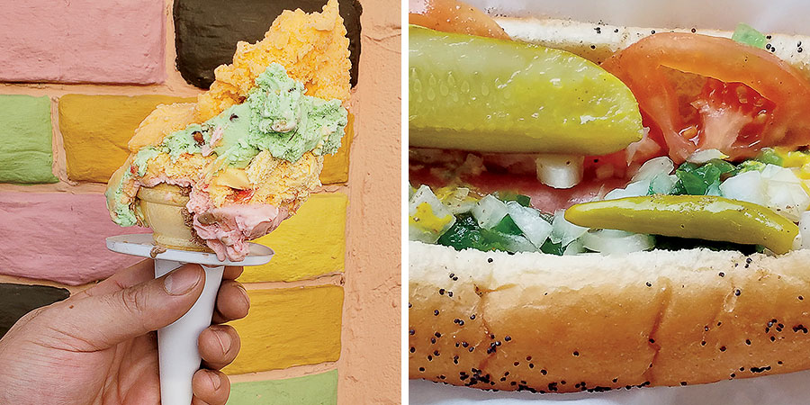 A Rainbow Cone and a Chicago-style hot dog