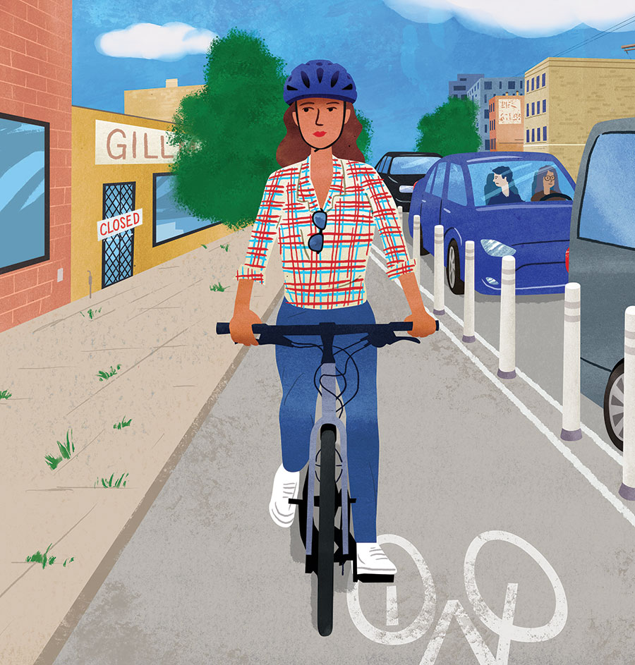 An illustration of a woman on a bike riding in the bike lane next to a closed business