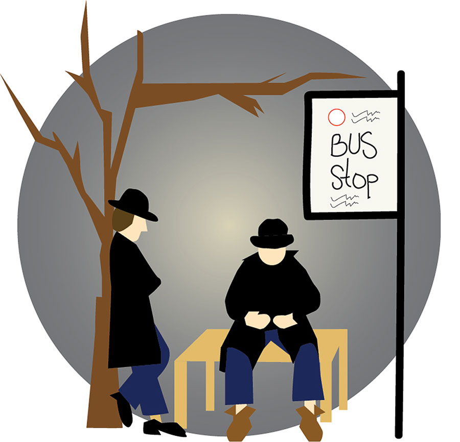 An illustration of two people at a bus stop