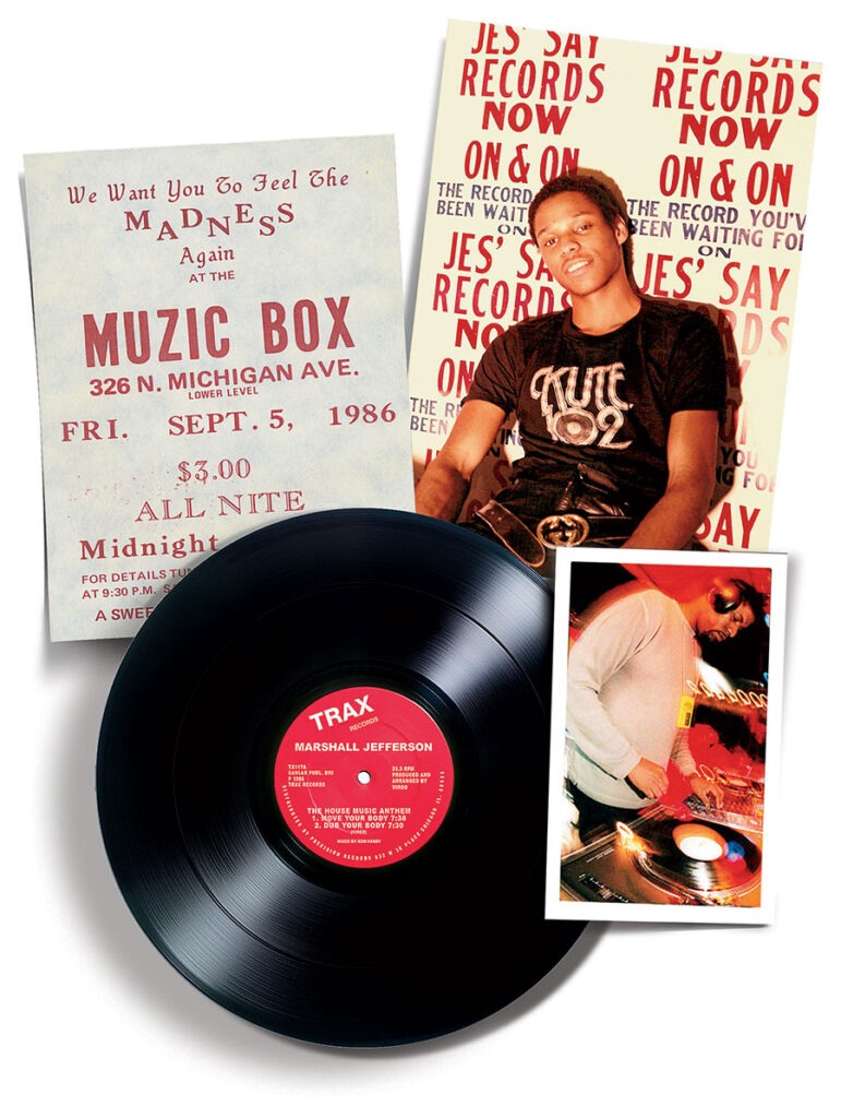 Clockwise from top left: a flier for a house music event at a downtown club; Jesse Saunders in 1984, at the time of the release of his hit “On and On”; Marshall Jefferson and a Trax pressing of his 1986 smash “Move Your Body”