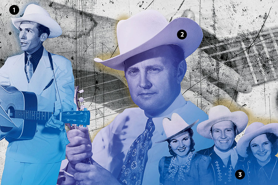 A photo illustration featuring Hank Williams, Bill Monroe, and National Barn Dance