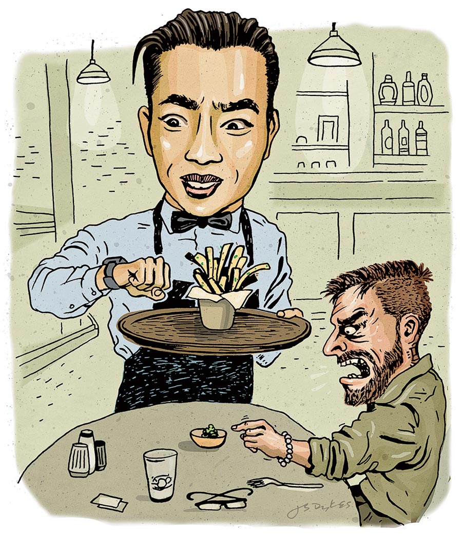 An illustration of the author serving an angry customer