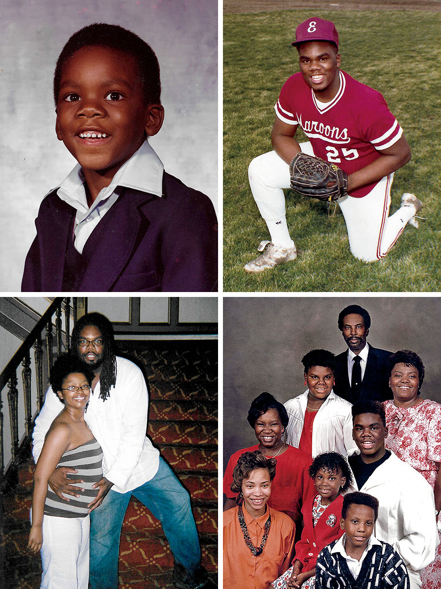 Clockwise, from left: an early school photo; Johnson as a student at Elgin High School, where he played baseball and was an all-conference defensive lineman in football; with his family in 1995, shortly before his mother (right, behind Johnson) died; with his wife, Stacie, in 2007, when she was pregnant with the first of their three children.