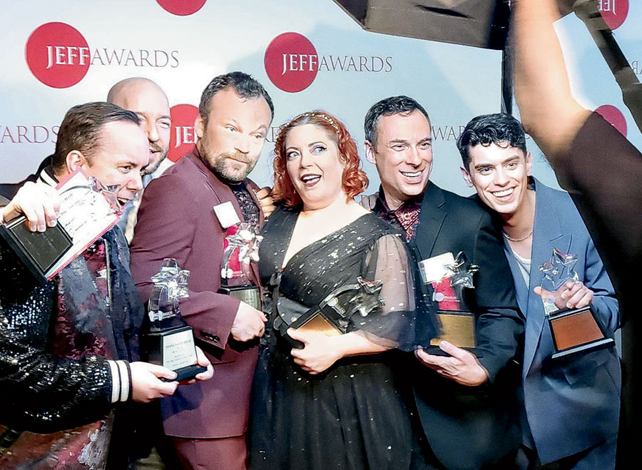 Van Barham (far left) and founder Scot Kokandy (behind him) celebrate with ‘Sweeney Todd’ cast and crew at the Jeff Awards.