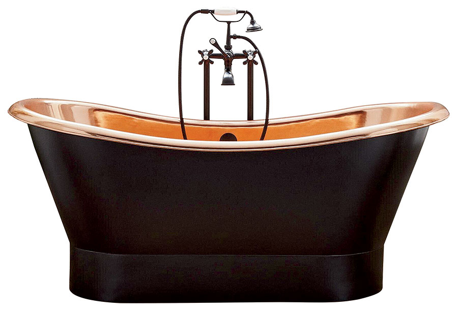 Signature Hardware copper pedestal Thaine tub with satin nickel interior
