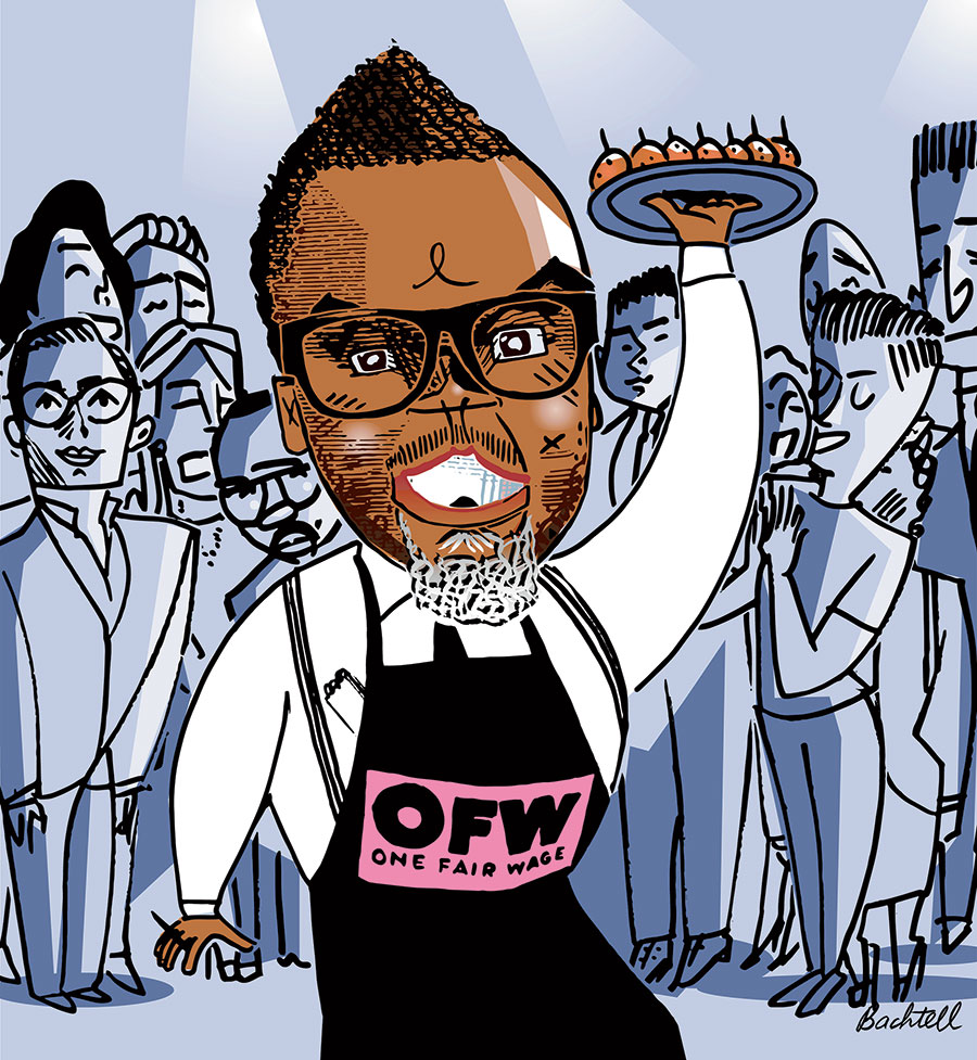 Illustration of Mayor Brandon Johnson dressed as a restaurant server