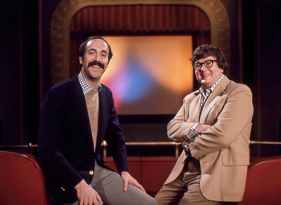 A mustachioed Siskel with Ebert in the “balcony” in early 1977, just over a year into the show’s run