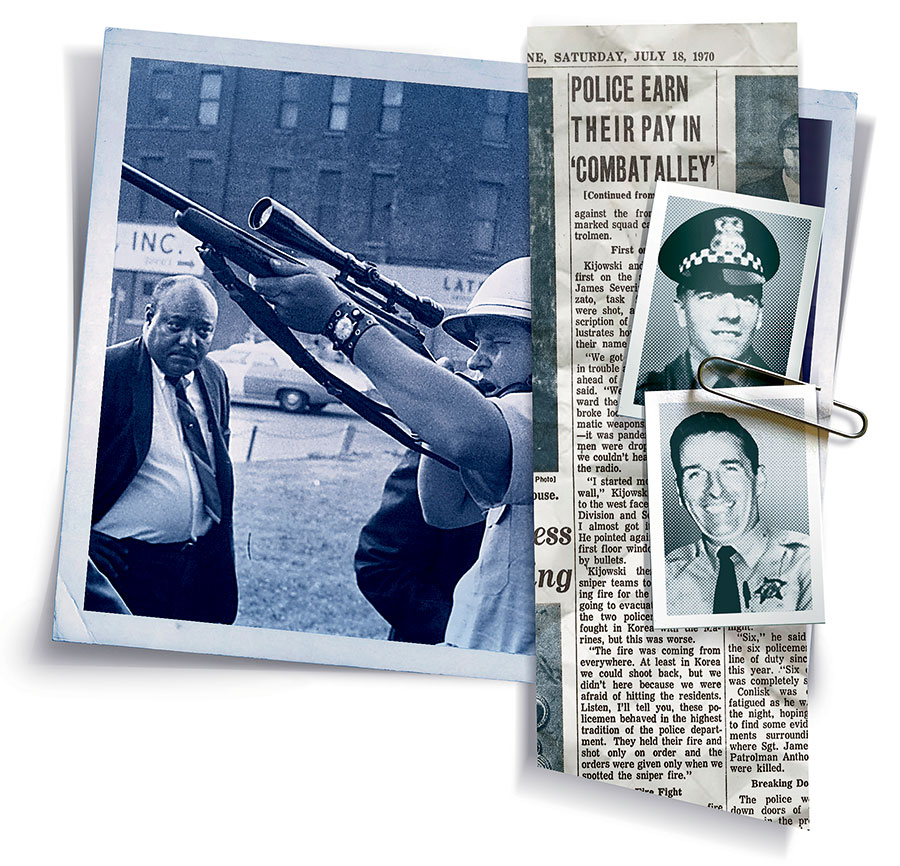 A policeman scans Cabrini-Green rooftops after the sniper killings of Officers Anthony Rizzato (top) and James Severin.