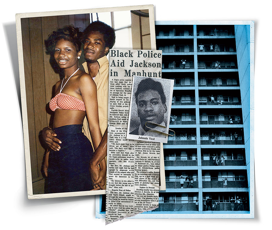 Veal with Darlene (now his wife) at Stateville Correctional Center in 1975. Right: Cabrini-Green, days after the murders.