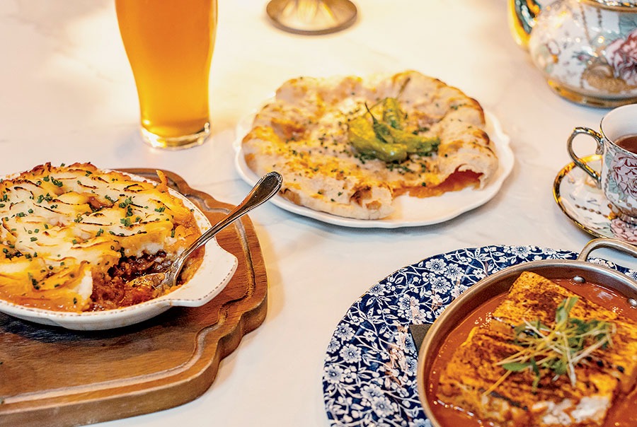 Monarch & Lion fare (from left): lamb keema shepherd’s pie, chile-cheese naan, and paneer tikka masala