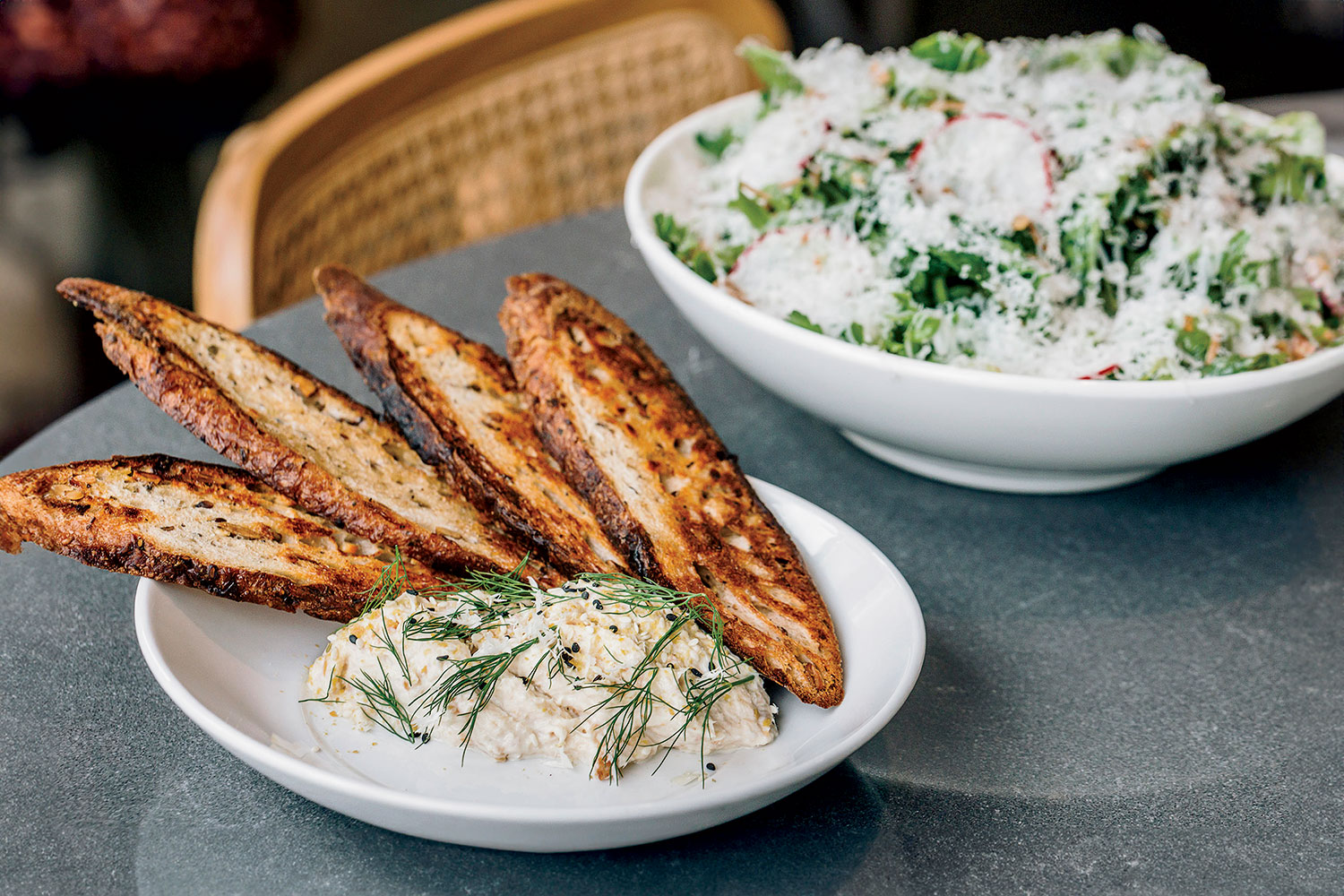 Smoked trout dip and farm lettuces