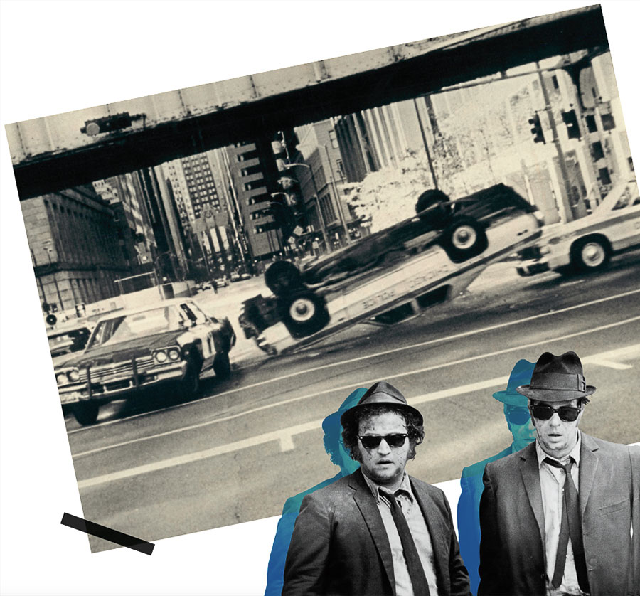 The Blues Brothers and a photo of a flipped car
