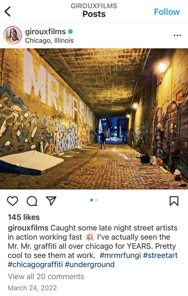 A photo of Mr. Mr. Fungi tagging a tunnel wall on Sarah Giroux's Instagram page