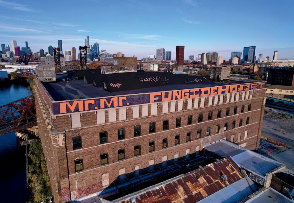 A "Mr. Mr. Fungi" tag on a building's rooftop edge