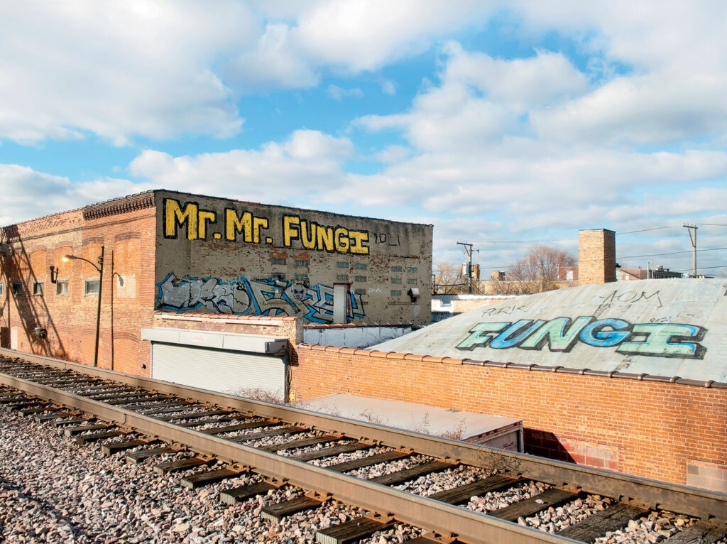 A "Mr. Mr. Fungi" tag on a building near the train tracks