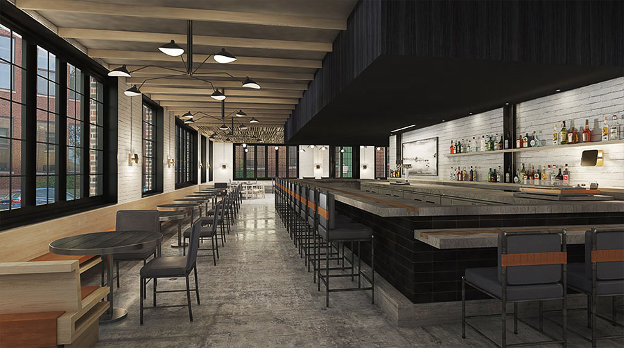 A rendering of the dining room entrance at Maxwells Trading