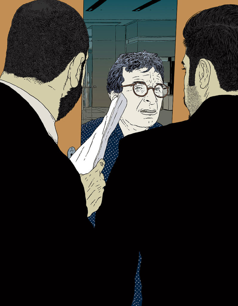 Illustration of the Iranian secret police presenting Alizadeh with a search warrant.