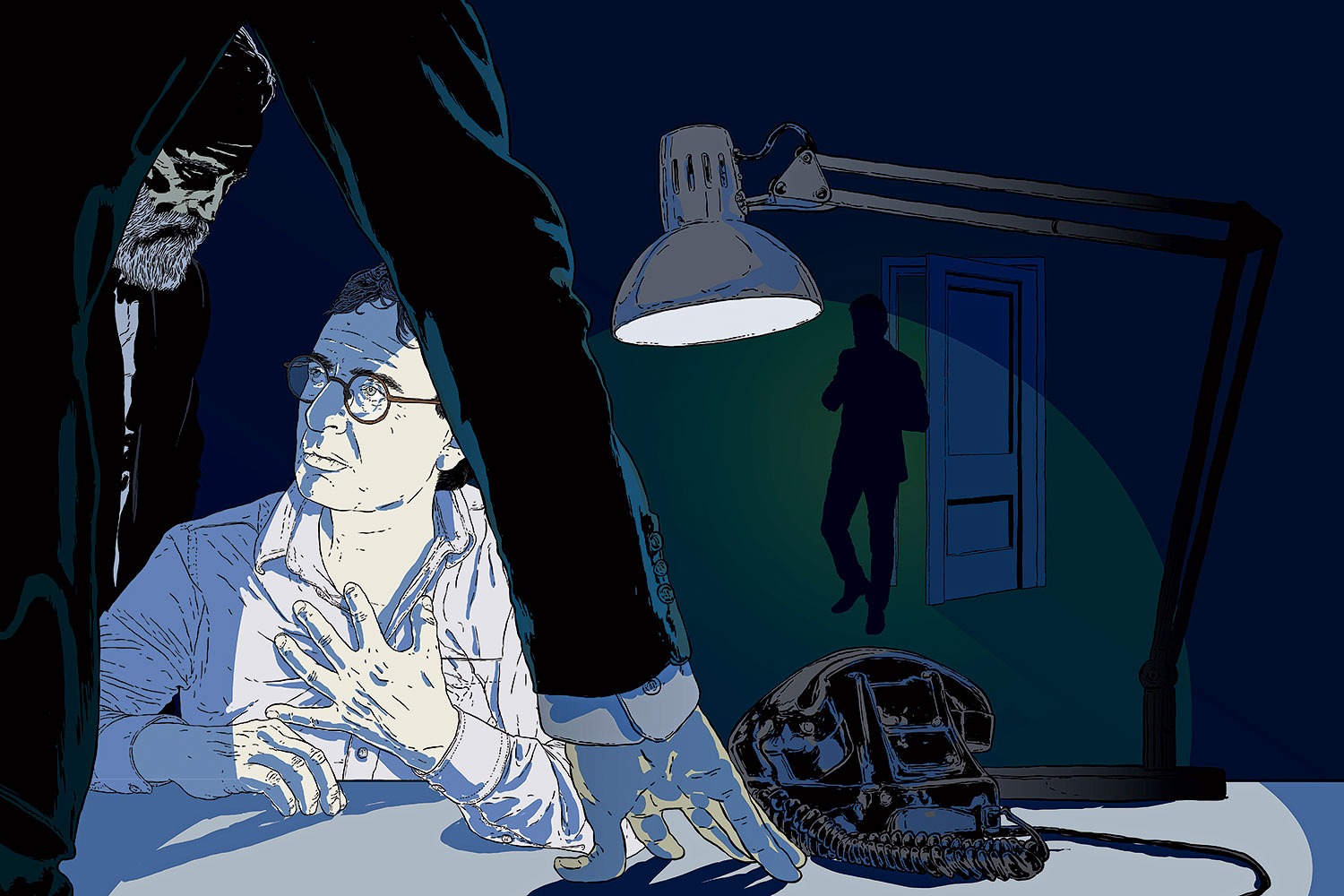 Illustration of Abbas Alizadeh being interrogated