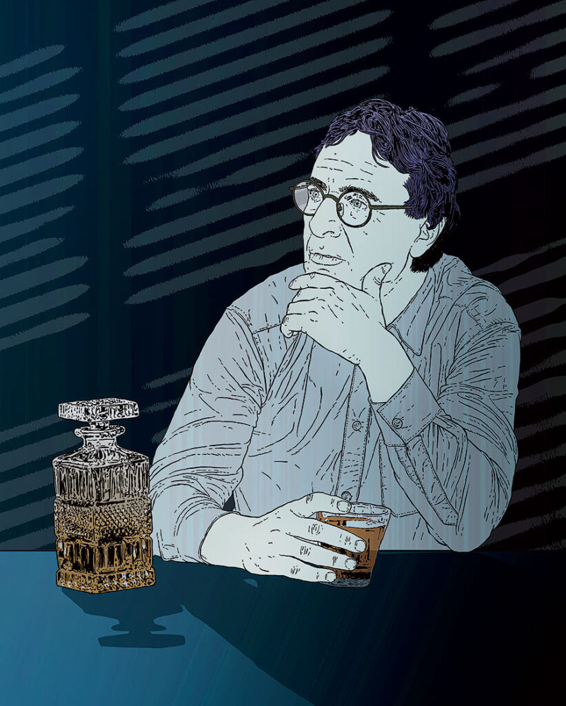 Illustration of Alizadeh drinking whiskey