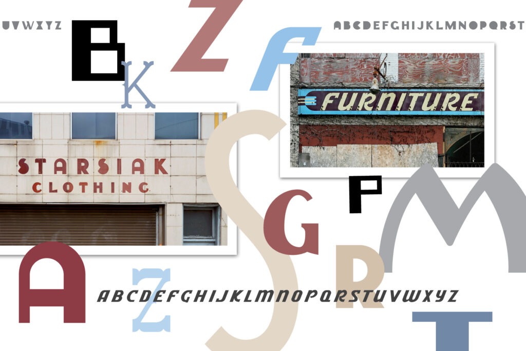 Various fonts and buildings with vintage signs