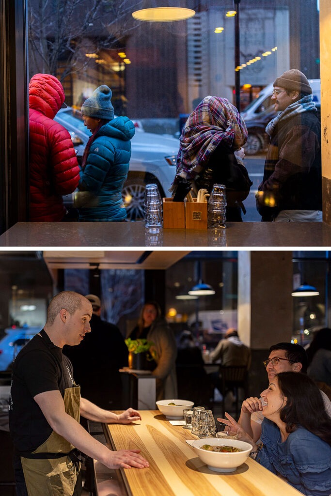 At Akahoshi Ramen, the lines form outside before the restaurant even opens. Bottom: Satinover holding court with guests.