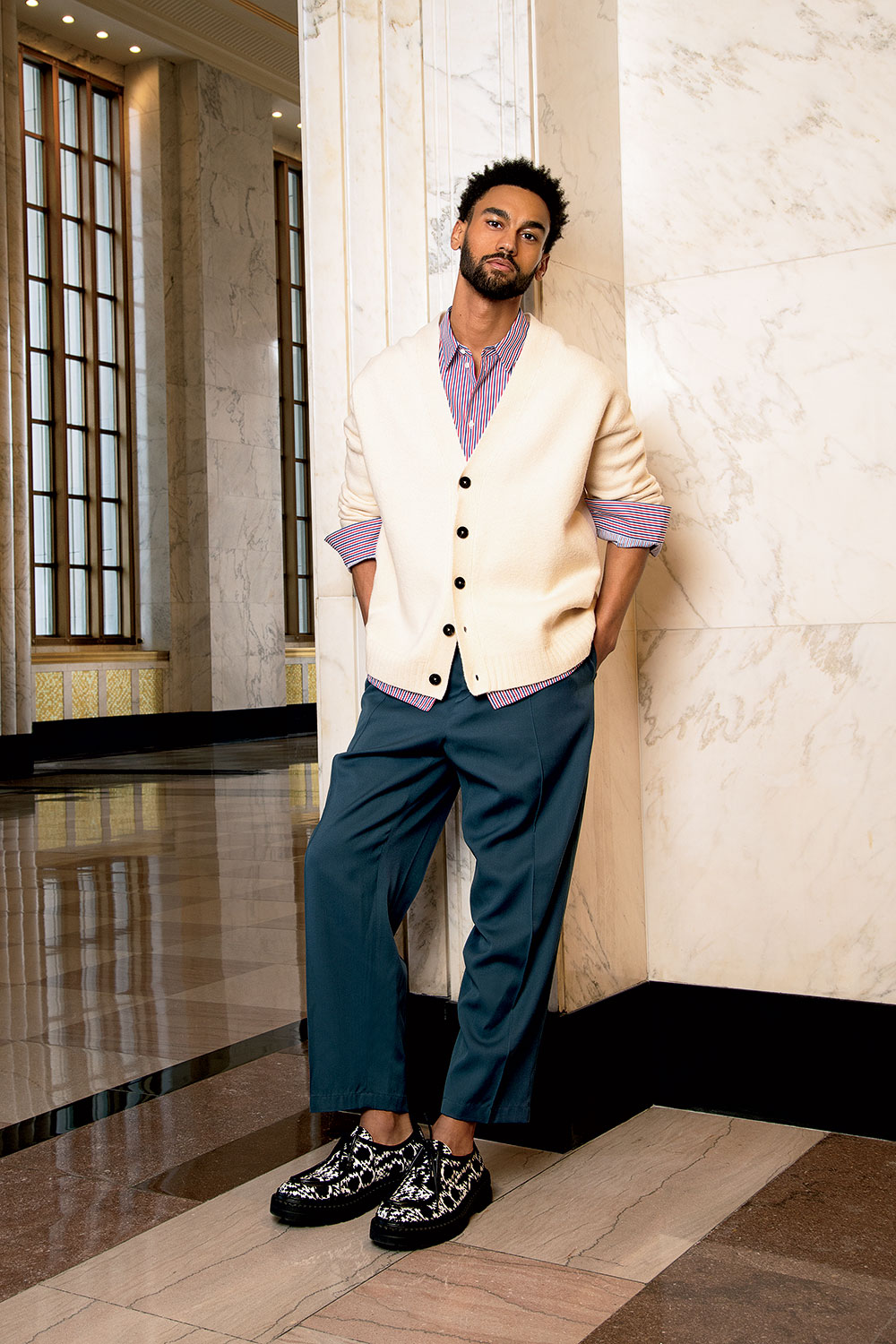 Jil Sander oversize wool cardigan, lightweight wool cropped trousers, Loewe pinstriped cotton shirt, and Jimmy Choo Marlow loafers