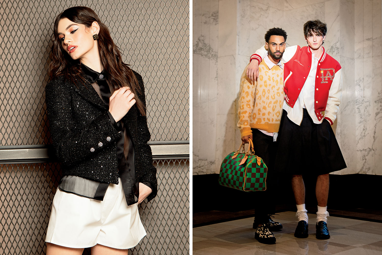 Left photo: Chanel glittered tweed jacket, silk organza blouse, cotton shorts, and metal and resin earrings. Right photo, on left: Isabel Marant mohair sweater, and Jil Sander polyester pants, Marni cotton shirt, Louis Vuitton Speedy 40 Bandoulière Damier Pop bag, and Jimmy Choo loafers. On right: Louis Vuitton wool and leather varsity blouson, cotton shirt, silk and wool shorts, LV Dandy leather loafers, and cotton socks.