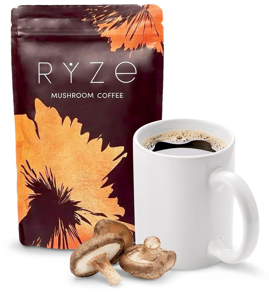 Ryze coffee, a coffee cup, and mushrooms