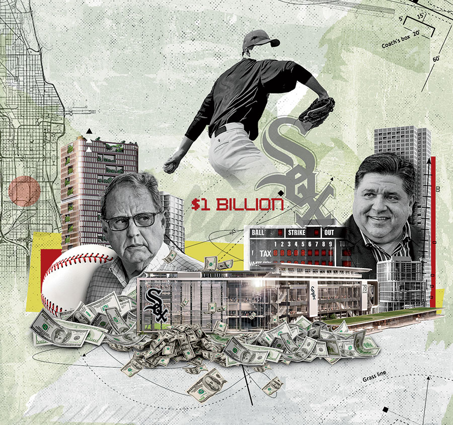 A photo illustration of Jerry Reinsdorf, Governor J.B. Pritzker, and a new White Sox stadium, surrounded by money