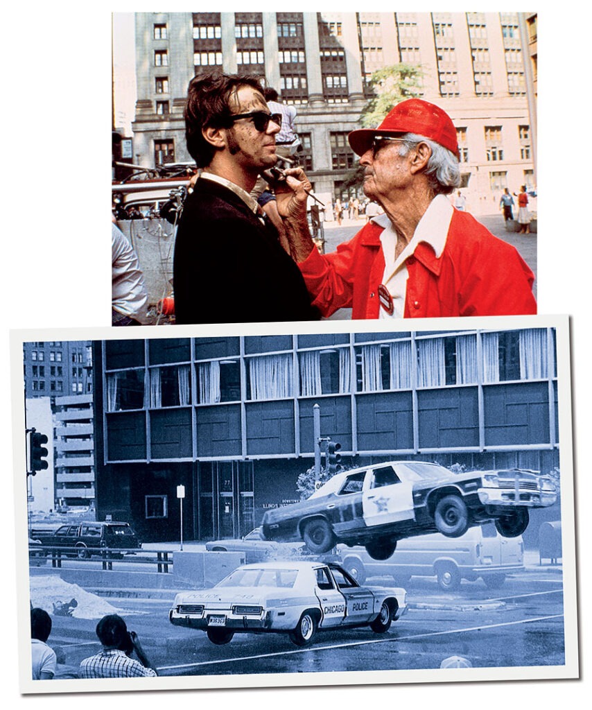 Dan Aykroyd getting his makeup done, and a police car performing a stunt.