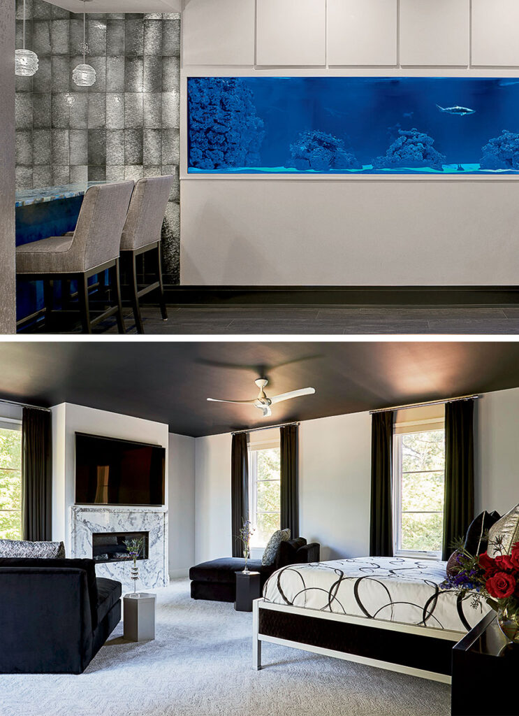 Top: A shark tank welcomes guests to the downstairs bar. Bottom: A CAI Designs bed with a Quiltmaster duvet mirrors the fireplace in the primary bedroom.