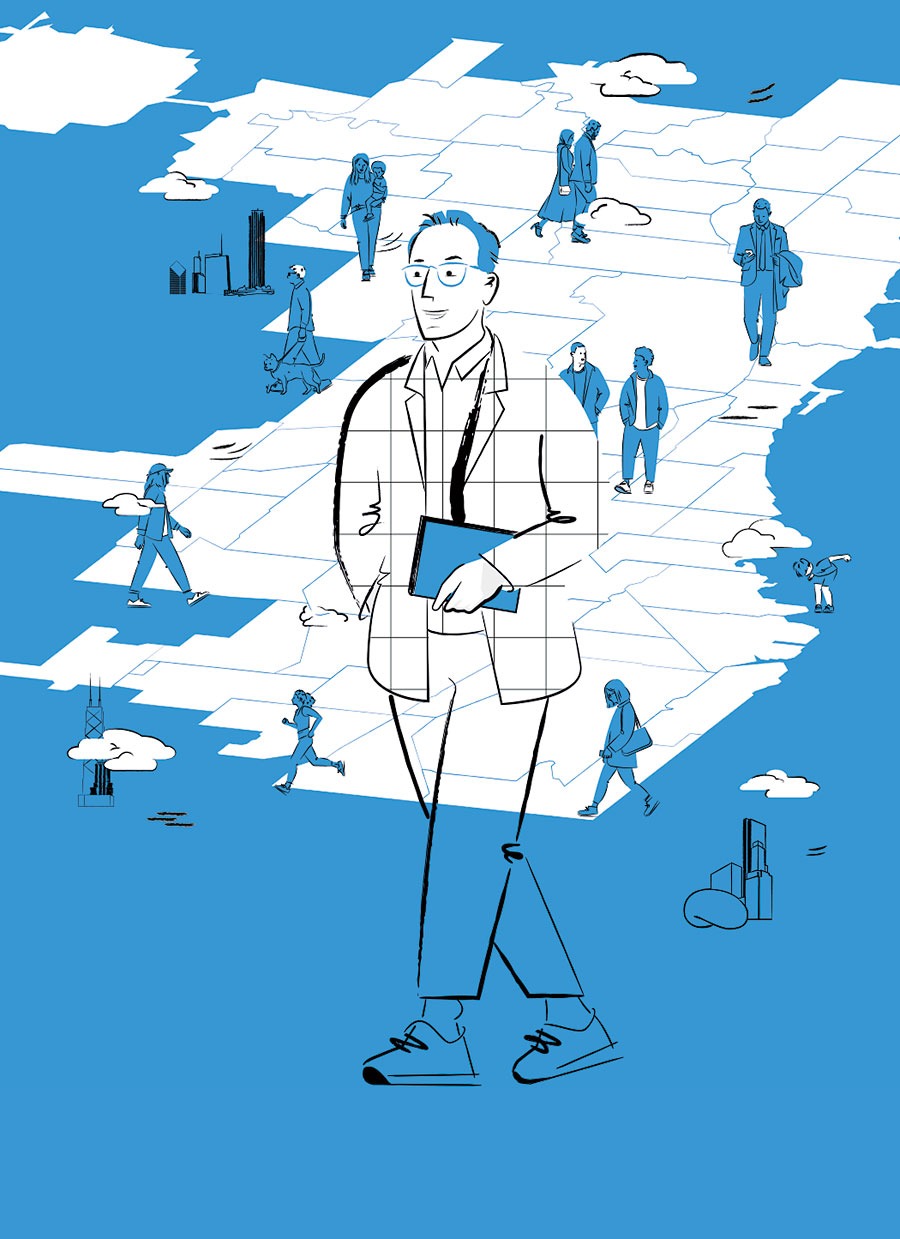 An illustration of the author overlaid on Chicago's 77 neighborhoods