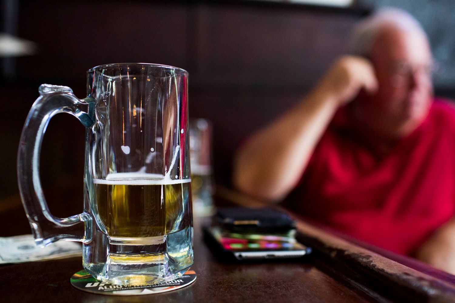 A beer on a table at a pub