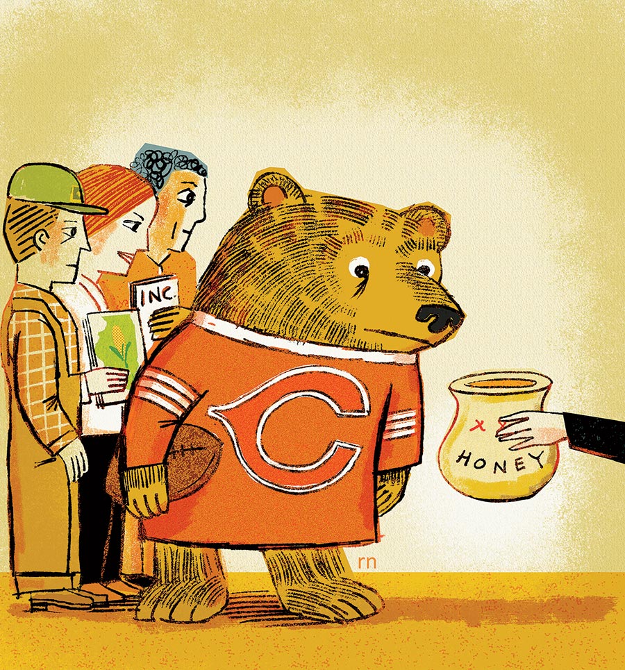 An illustration of Illinoisans and a bear being lured by a hand holding a jar of honey.