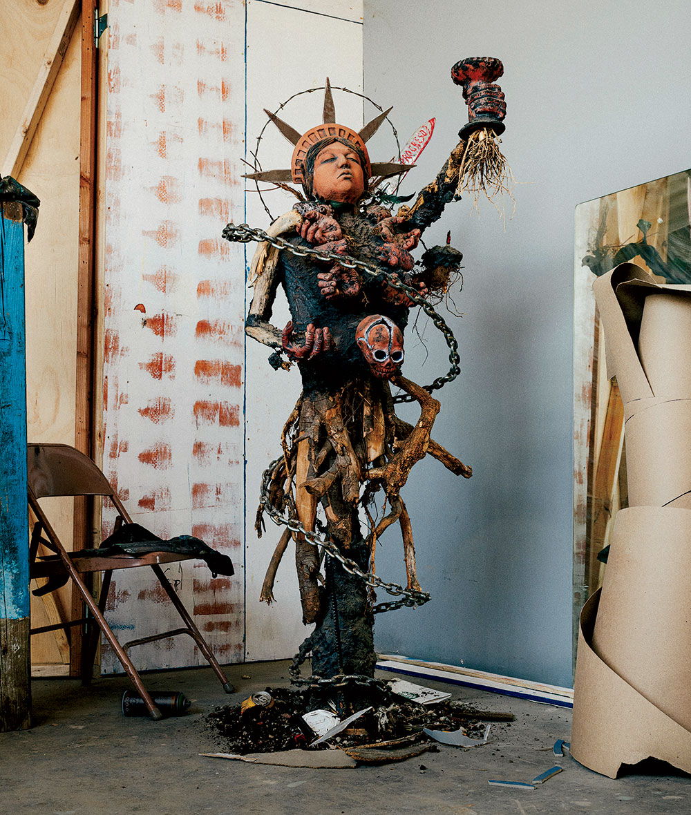 Alfonso “Piloto” Nieves Ruiz’s 2017 sculpture ‘In the Name of Progress,’ seen here in his studio