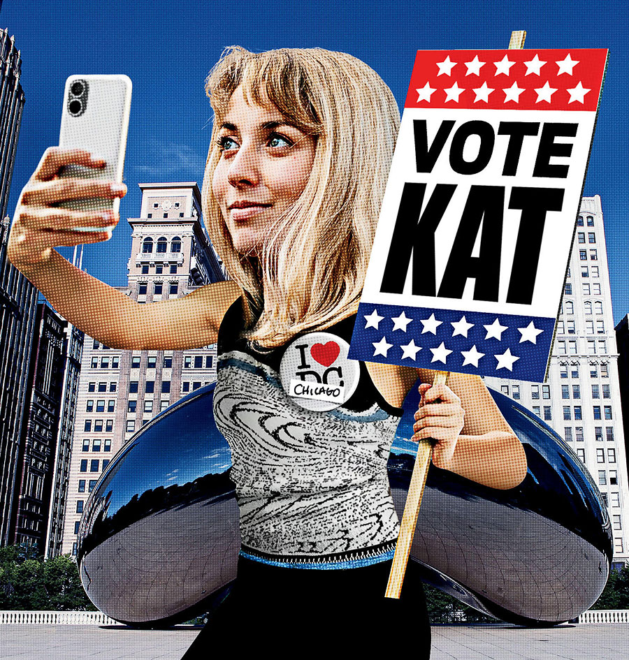 A photo illustration of Kat Abughazaleh holding a "Vote Kat" sign and taking a selfie in front of ‘Cloud Gate’