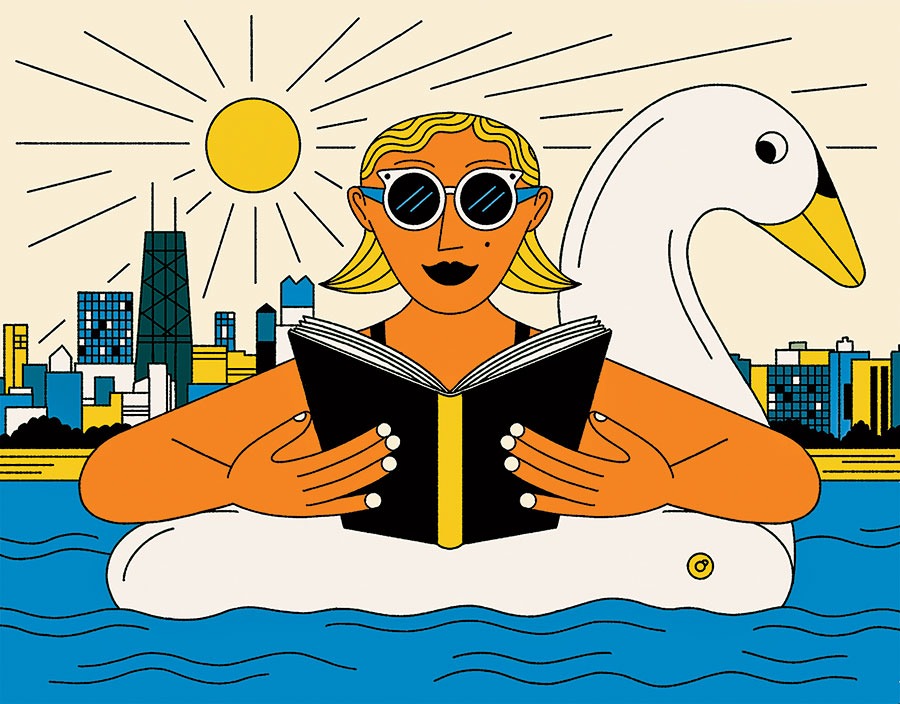 An illustration of a woman reading in a swan floatie in the water, with the Chicago skyline behind her