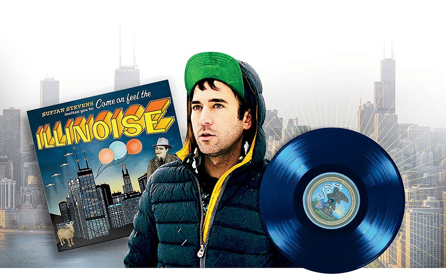 A photo illustration of Sufjan Stevens and the ‘Illinoise’ album, with the Chicago skyline in the background
